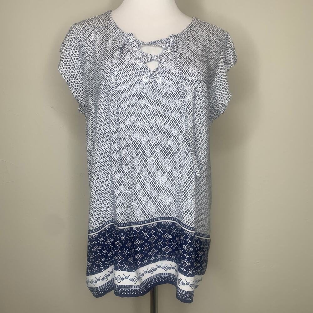 Liz Claiborne Blue White Lace Front Blouse Sz Medium